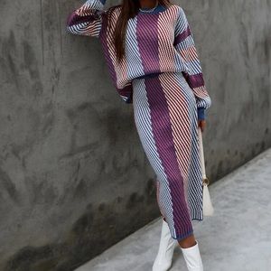 Color Block Striped Knit Sweater and Skirt Set